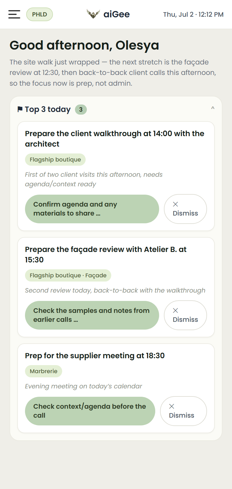 aiGee app — the day dashboard with ranked priorities