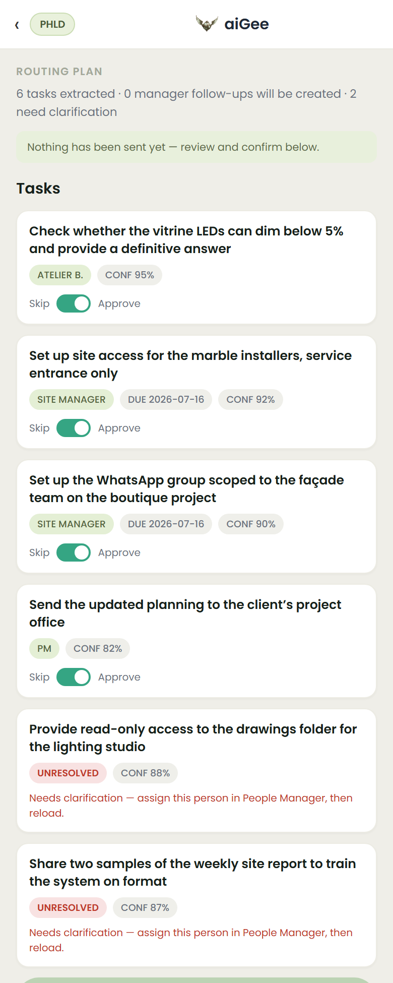 aiGee app — routing plan, approve and send tasks