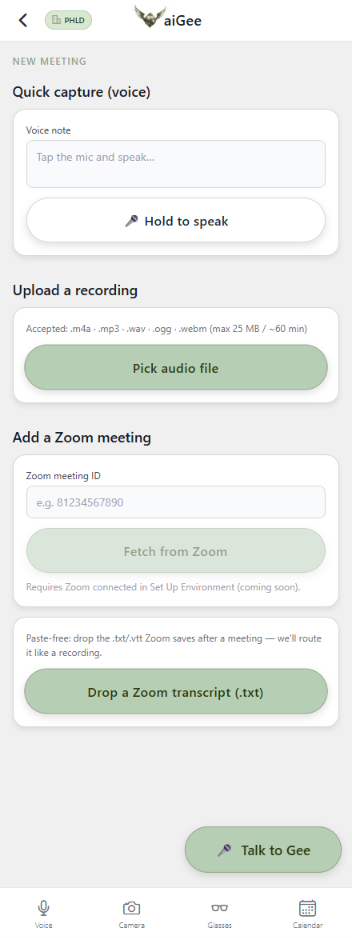 aiGee app — quick voice capture, hold to speak